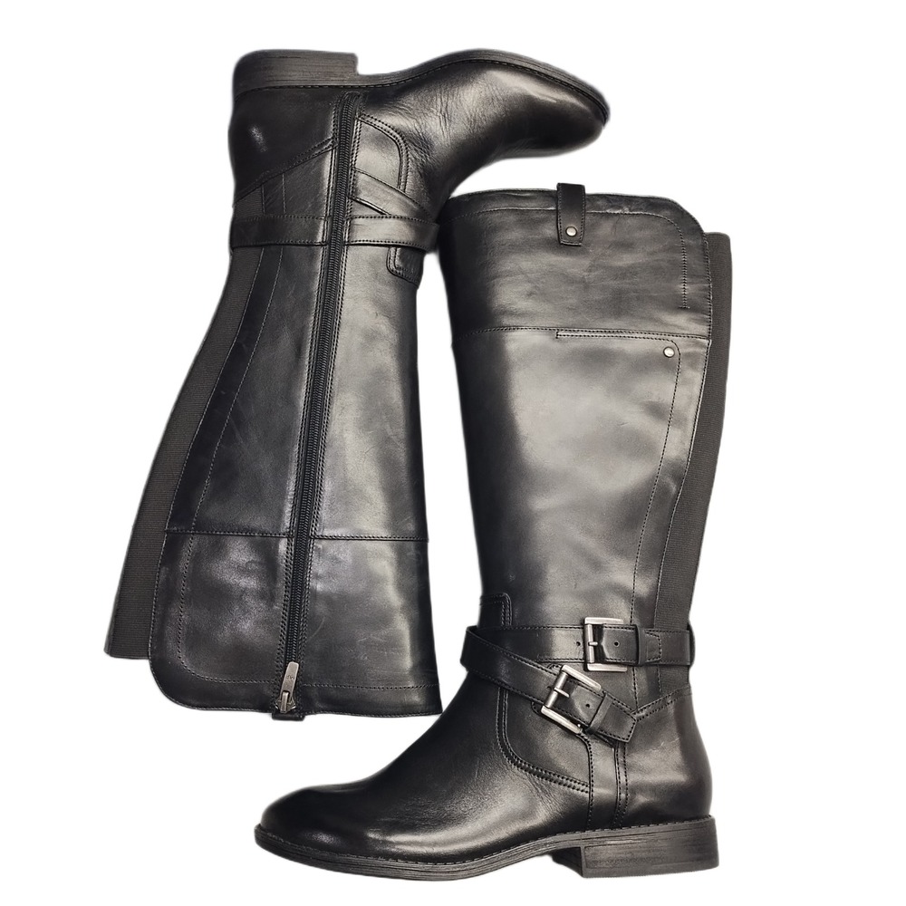 Marc Fisher LTD Riding Boots Womens US Size 8.5W Black Buckle Detail Side Zip